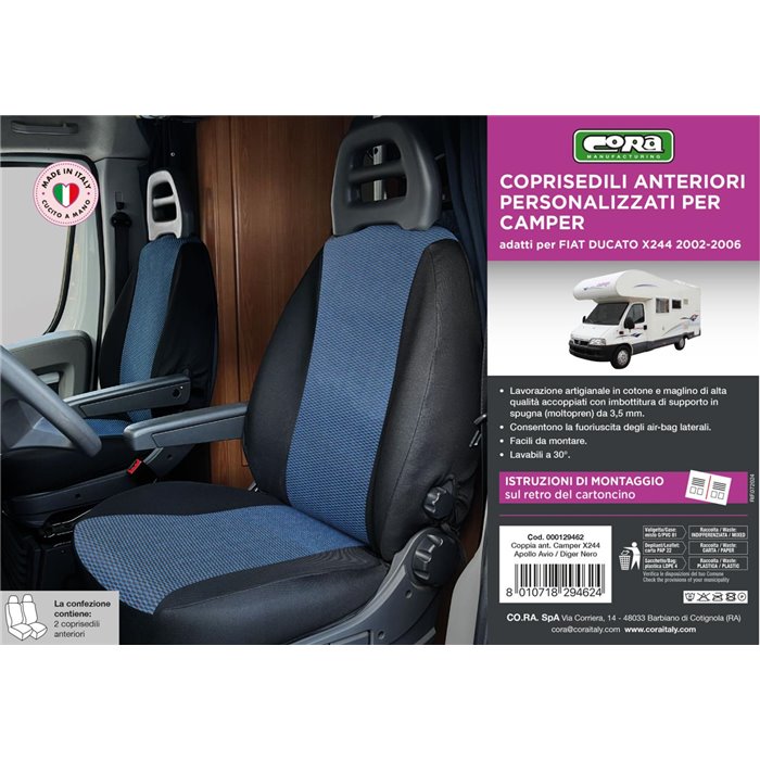 Coprisedili anteriori personalizzati Fiat Ducato camper 02˃06 tess. misto cotone nero/avio