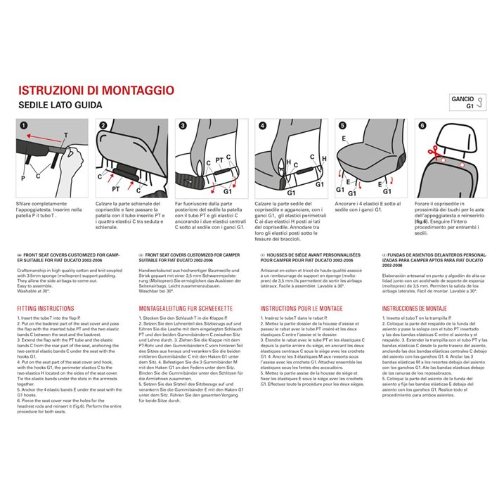 Coprisedili anteriori personalizzati Fiat Ducato camper 02˃06 tess. misto cotone nero/avio