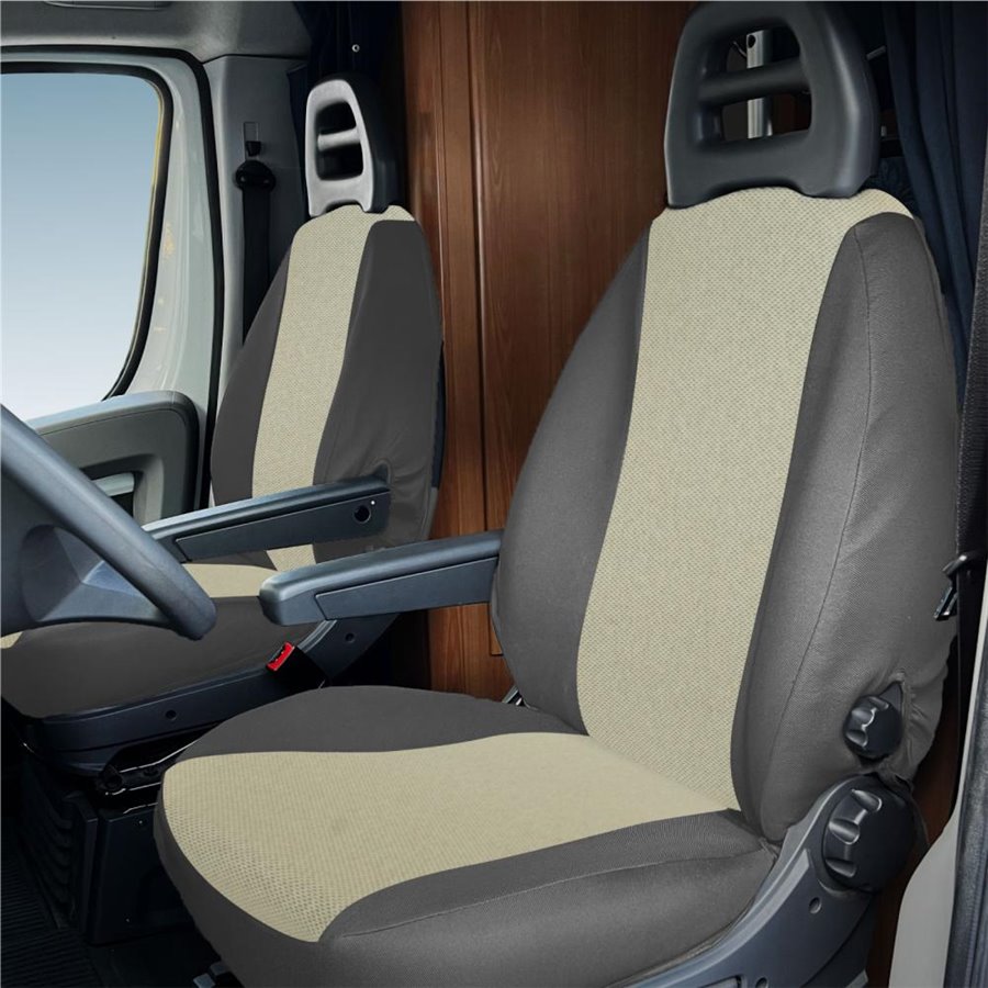 Coprisedili anteriori personalizzati Fiat Ducato camper 02˃06 tess. misto cotone piombo/crema