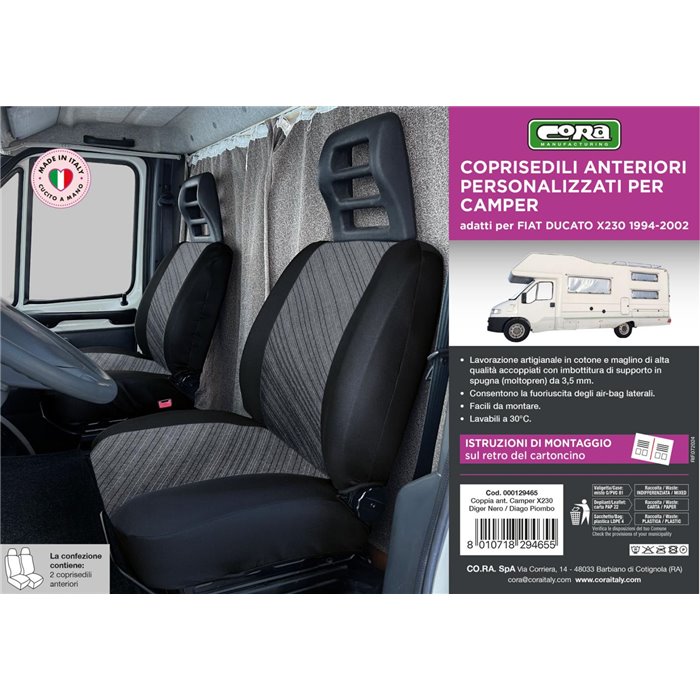 Coprisedili anteriori personalizzati Fiat Ducato camper 94˃02 tess. misto cotone grigio/nero
