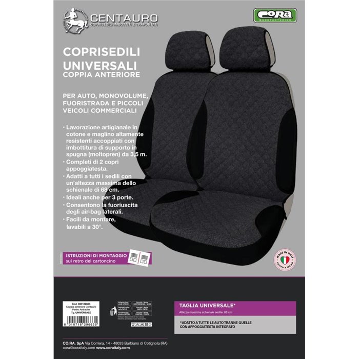 Coprisedili anteriori Centauro tg. universale tess. misto cotone trapuntato antracite/nero