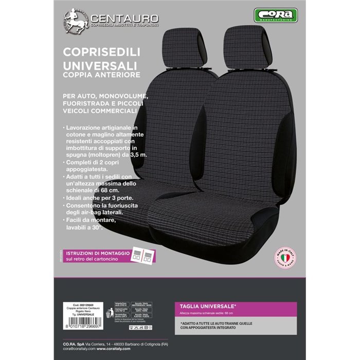 Coprisedili anteriori Centauro tg. universale tess. misto cotone rigato nero