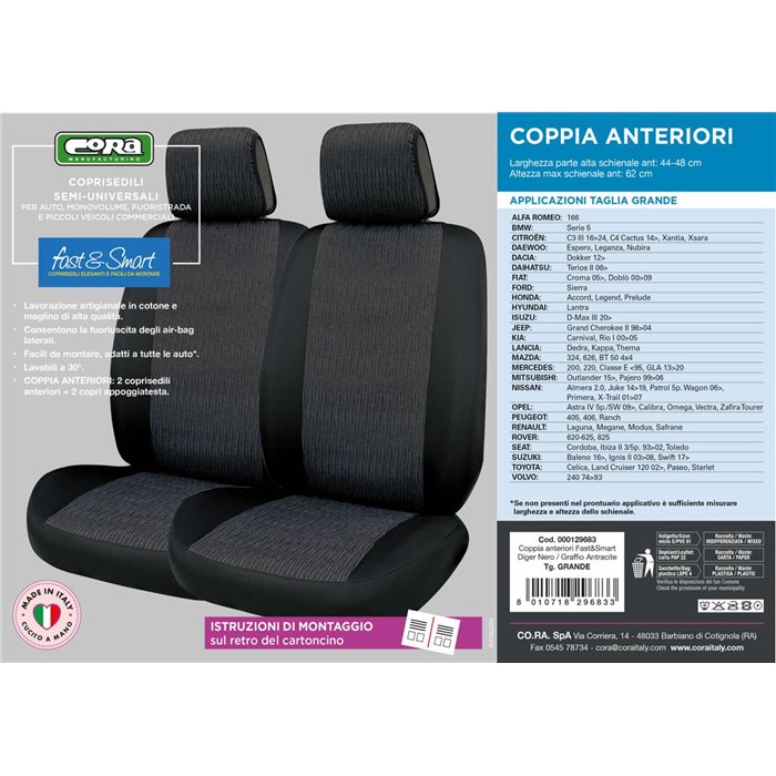 Coprisedili anteriori Fast&Smart tg. grande tess. misto cotone antracite/nero