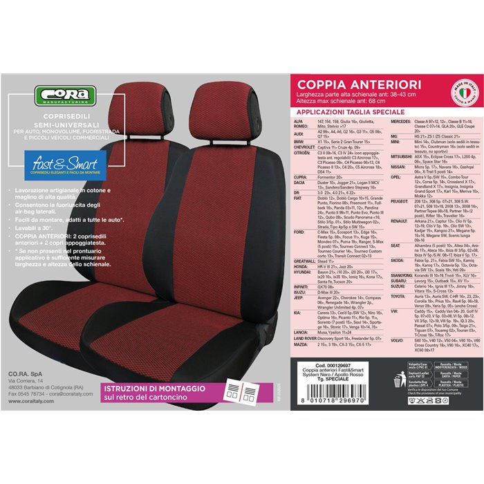 Coprisedili anteriori Fast&Smart tg. speciale tess. misto cotone rosso/nero