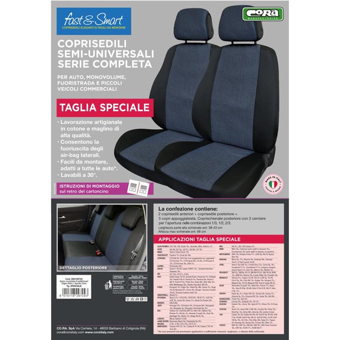 Serie completa coprisedili Fast&Smart tg. speciale tess. misto cotone nero/avio