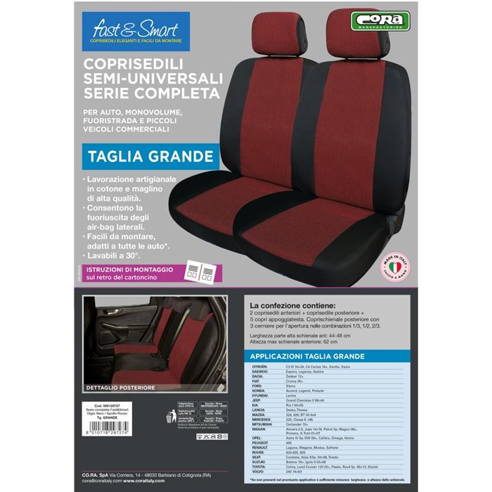 Serie completa coprisedili Fast&Smart tg. grande tess. misto cotone nero/rosso