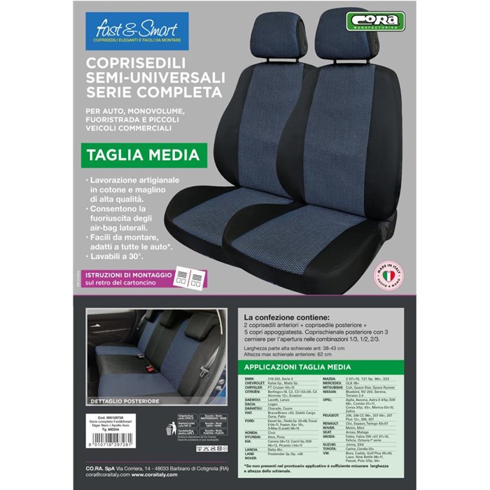 Serie completa coprisedili Fast&Smart tg. media tess. misto cotone nero/avio
