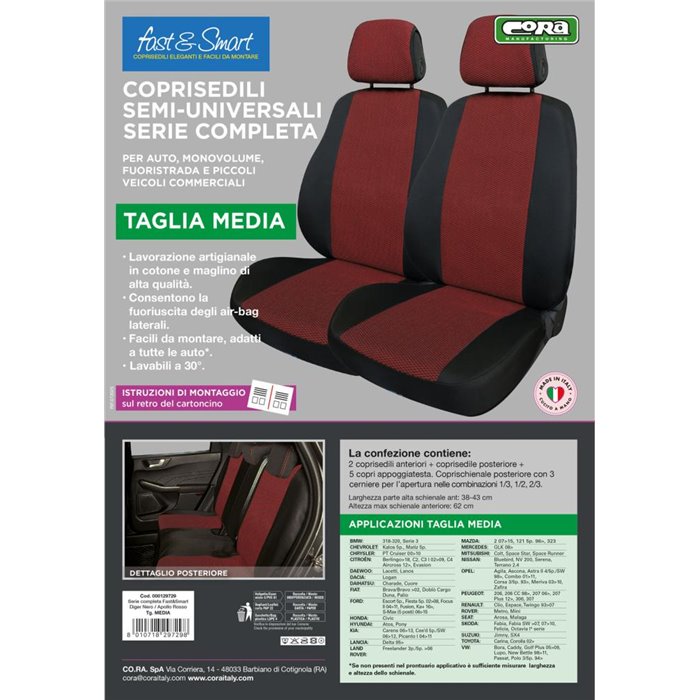 Serie completa coprisedili Fast&Smart tg. media tess. misto cotone nero/rosso