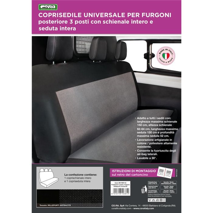 Coprisedile universale posteriore 3 posti per furgone tess. misto cotone nero