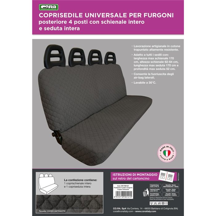 Coprisedile universale posteriore 4 posti per furgone tess. cotone trapuntato antracite