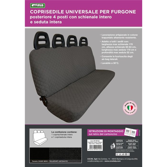 Coprisedile universale posteriore 4 posti per furgone tess. misto cotone nero