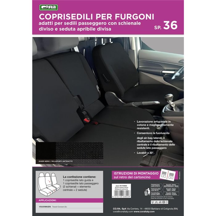 Coprisedili per furgoni tg. SP36 seduta divisa apribile tess. misto cotone nero