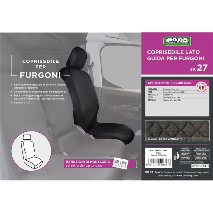 Coprisedile lato guida per furgoni tg. SP27 tess. cotone trapuntato antracite