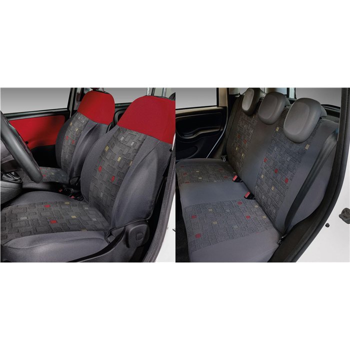Serie completa coprisedili personalizzati Fiat Panda 12˃ 5 posti post. intero tess. misto cotone quadri grigio/rosso