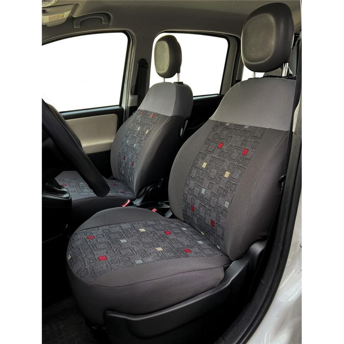 Serie completa coprisedili personalizzati Fiat Panda 12˃ 5 posti post. diviso tess. misto cotone quadri grigio/piombo