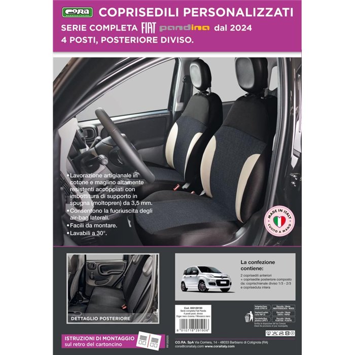 Serie completa coprisedili personalizzati Fiat Pandina 24˃ 4 posti post. diviso tess. misto cotone nero/crema
