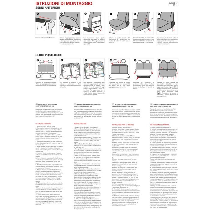 Serie completa coprisedili personalizzati Fiat 500 07˃  post. diviso tess. misto cotone scozzese grigio/panna
