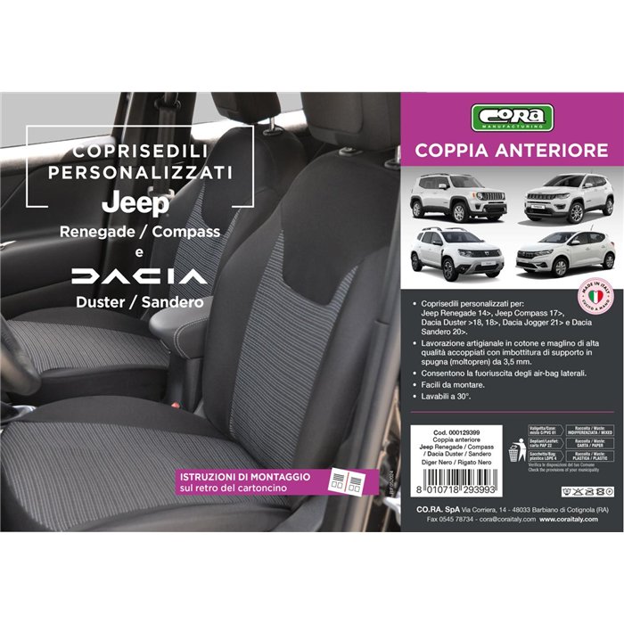 Coprisedili anteriori personalizzati JEEP Renegade 14˃/Compass 17˃, DACIA Duster 10˃/Sandero 20˃/Jogger 21˃ tess. rigato nero