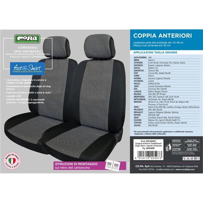 Coprisedili anteriori Fast&Smart tg. grande tess. misto cotone antracite/nero