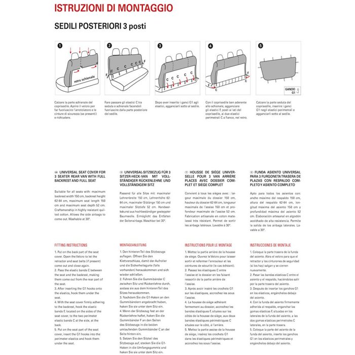 Coprisedile universale posteriore 3 posti per furgone tess. misto cotone nero