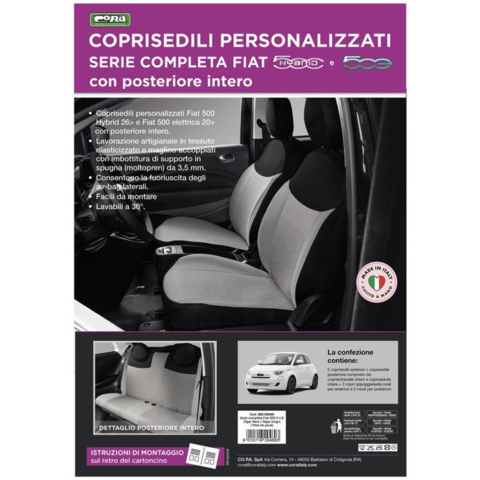Serie completa coprisedili personalizzati Fiat 500 Hybrid 26˃ e 500 Elettrica 20˃  post. intero tess. misto cotone nero/grigio/p
